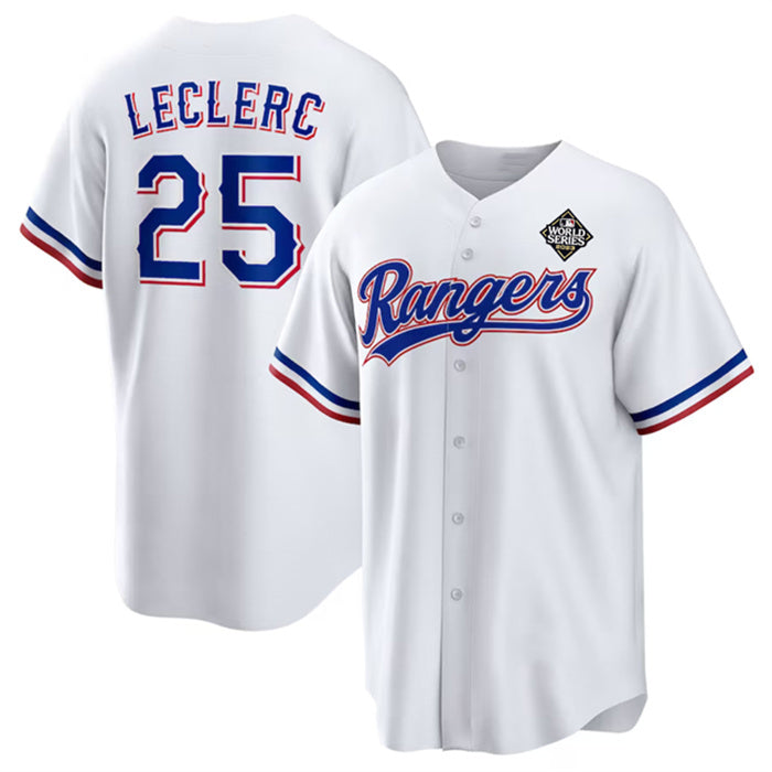 Texas Rangers #25 Jos¨¦ Leclerc White HeidiMiller 2023 World Series Stitched Jersey