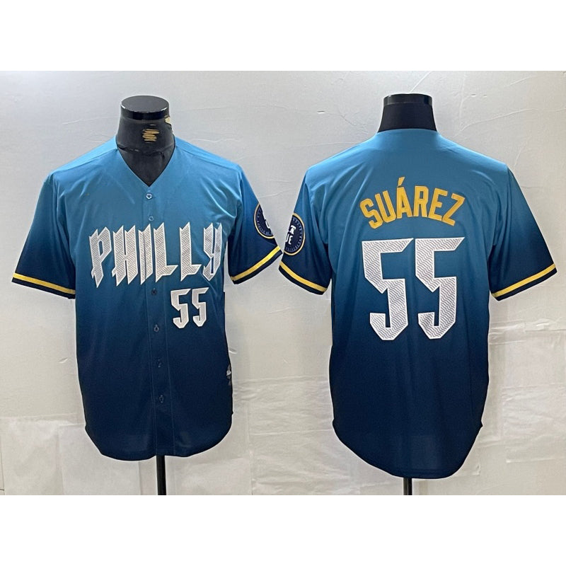 Philadelphia Phillies #55 Ranger Suarez Blue HeidiMiller 2024 City Player Number Cool Base Jersey 2