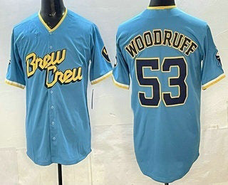 Milwaukee Brewers #53 Brandon Woodruff Powder Blue HeidiMiller 2022 City Connect Cool Base Jerse