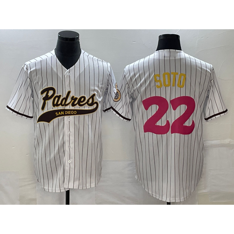 San Diego Padres #22 Juan Soto White HeidiMiller Pinstripe 2023 City Connect Cool Base Stitched Jersey 2