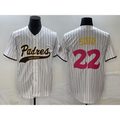 San Diego Padres #22 Juan Soto White HeidiMiller Pinstripe 2023 City Connect Cool Base Stitched Jersey 2