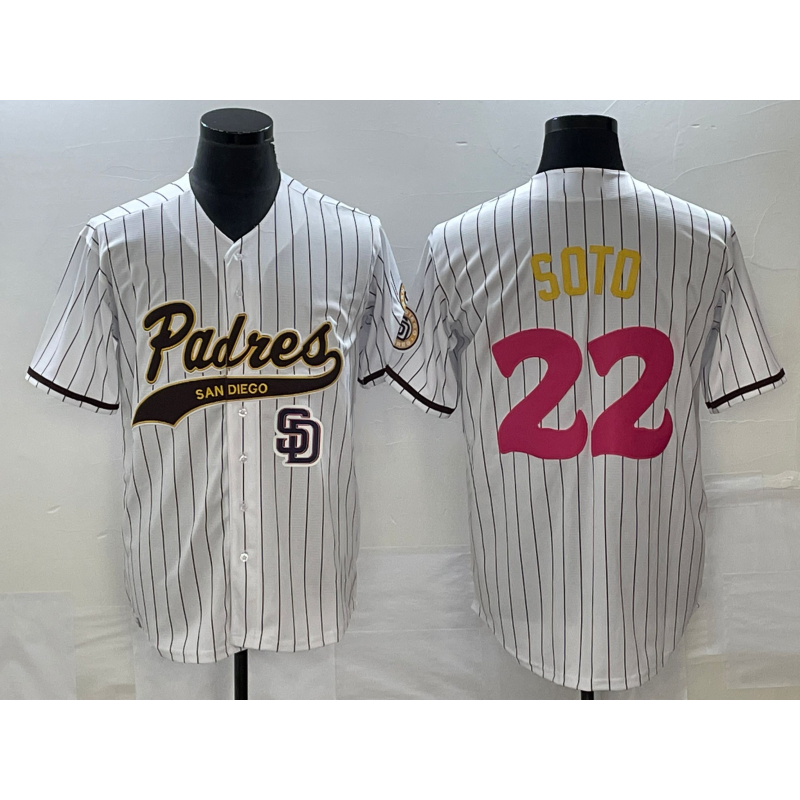 San Diego Padres #22 Juan Soto White HeidiMiller Pinstripe 2023 City Connect Cool Base Stitched Jersey