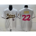 San Diego Padres #22 Juan Soto White HeidiMiller Pinstripe 2023 City Connect Cool Base Stitched Jersey