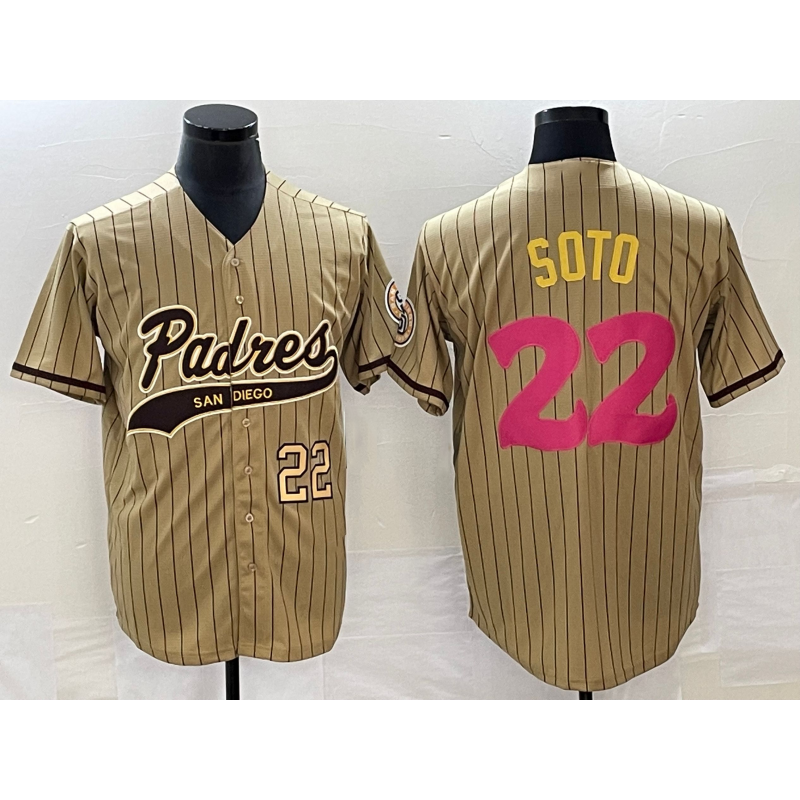 San Diego Padres #22 Juan Soto Number Tan HeidiMiller Pinstripe 2023 City Connect Cool Base Stitched Jersey
