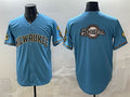 Milwaukee Brewers Team Big Logo Blue HeidiMiller With Home & Bob Uecker Patch Stitched Jersey