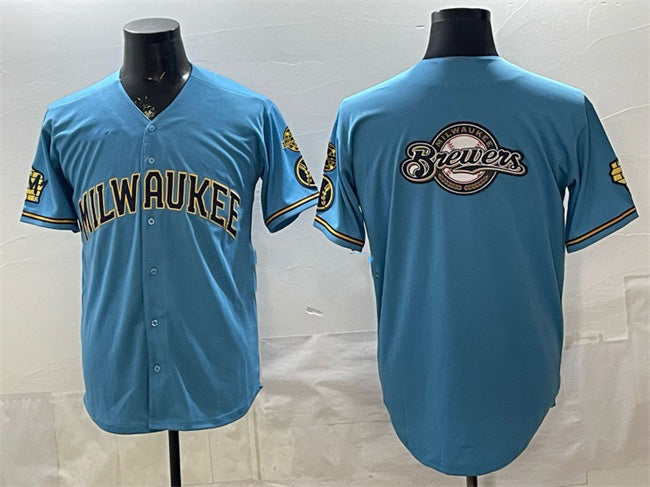 Milwaukee Brewers Team Big Logo Blue HeidiMiller With Home & Bob Uecker Patch Stitched Jersey
