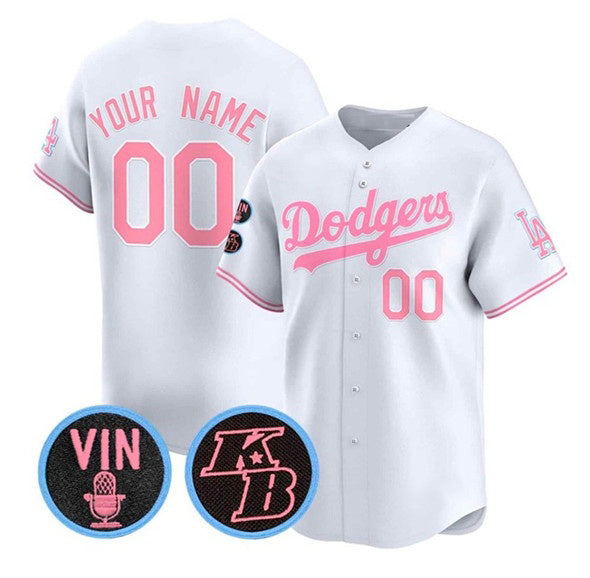 Custom Los Angeles Dodgers Active Player White Pink HeidiMiller With Vin & Kobe Patch Limited Stitched Jersey