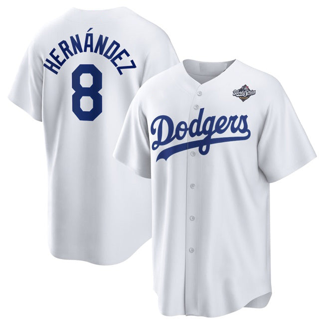 Los Angeles Dodgers #8 Enrique Hern¨¢ndez White HeidiMiller 2025 World Series Home Cool Base Stitched Jersey