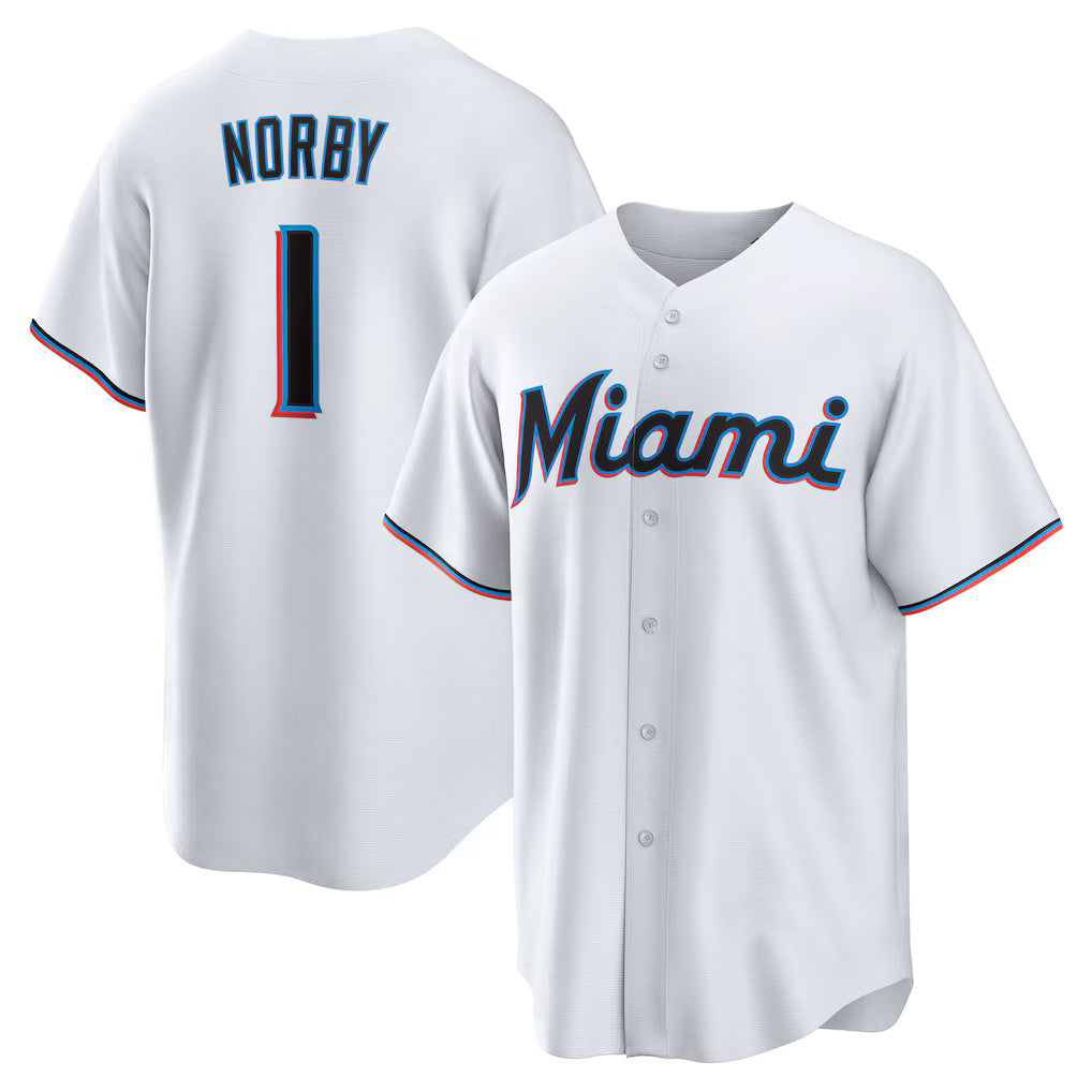 Miami Marlins #1 Connor Norby White HeidiMiller Home Replica Jersey