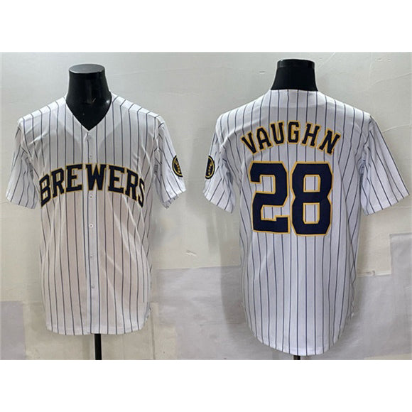 Milwaukee Brewers #28 Andrew Vaughn White HeidiMiller Pinstripe 2025 With Patch Stitched Jersey