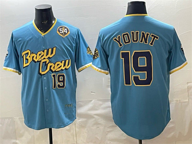 Milwaukee Brewers #19 Robin Yount Powder Blue HeidiMiller City Connect With Home & Bob Uecker Patch Limited Stitched Jersey