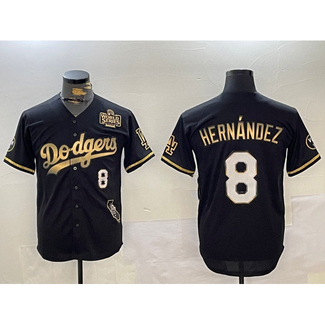 Los Angeles Dodgers #8 Enrique Hern¨¢ndez Black Gold HeidiMiller 2024 World Series With Vin & California Patch Vapor Premier Limited Stitched Jersey