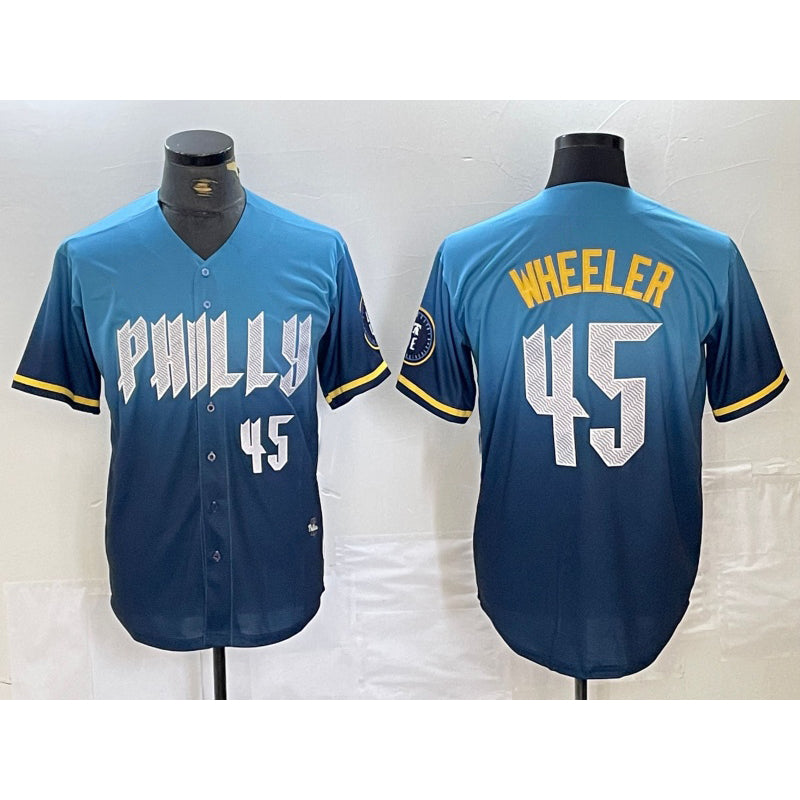 Philadelphia Phillies #45 Zack Wheeler Blue HeidiMiller 2024 City Player Number Cool Base Stitched Jersey 2