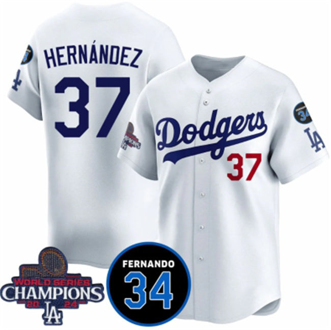 Los Angeles Dodgers #37 Teoscar Hernandez White HeidiMiller 2024 World Series Champions With Fernando Memorial Patch Vapor Premier Home Limited Stitched Jersey