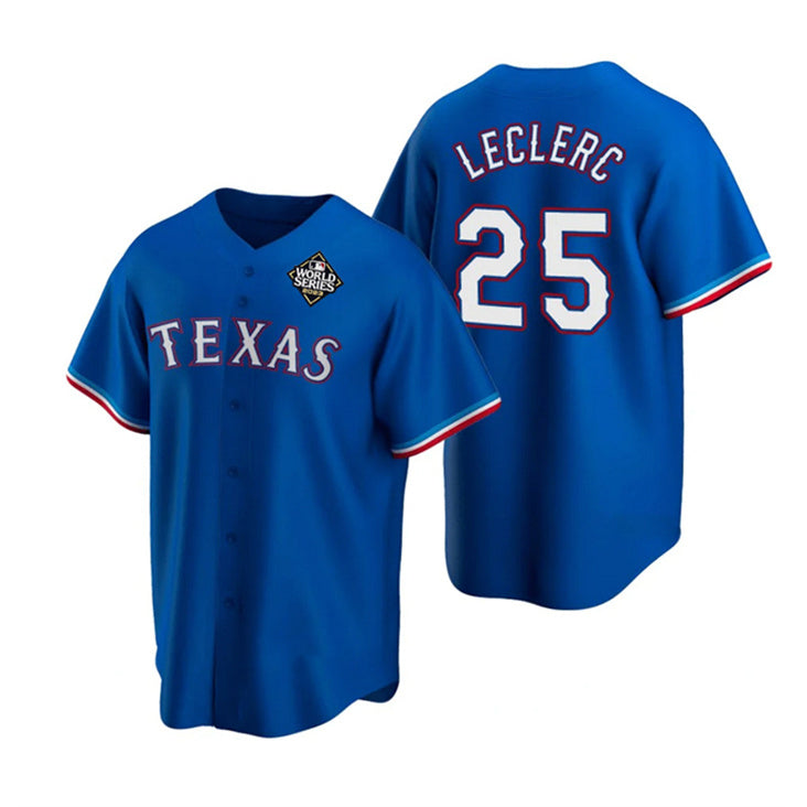 Texas Rangers #25 Jos¨¦ Leclerc Royal HeidiMiller 2023 World Series Stitched Jersey
