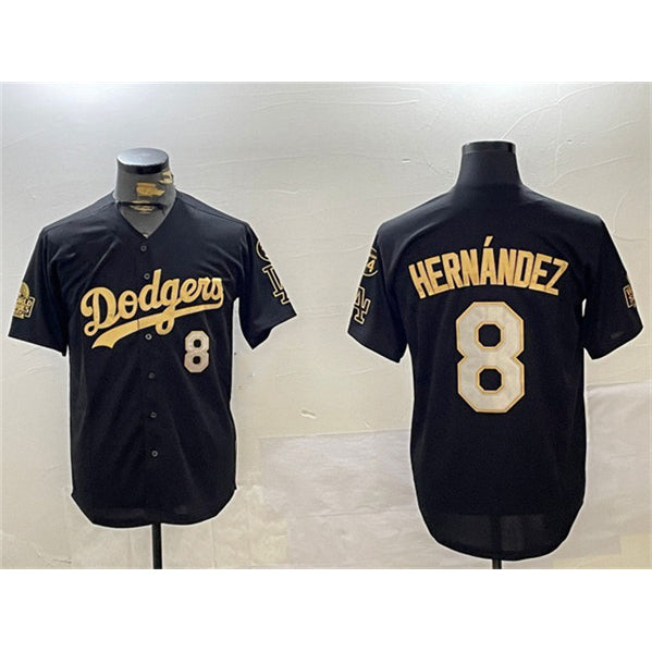 Los Angeles Dodgers #8 Enrique Hern¨¢ndez Black Gold HeidiMiller 2024 World Series With Fernando Memorial Patch Home Limited Stitched Jersey