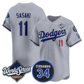 Los Angeles Dodgers #11 R¨­ki Sasaki Gray HeidiMiller 2025 World Series With No. 34 Patch Limited Stitched Jersey
