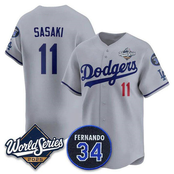 Los Angeles Dodgers #11 R¨­ki Sasaki Gray HeidiMiller 2025 World Series With No. 34 Patch Limited Stitched Jersey
