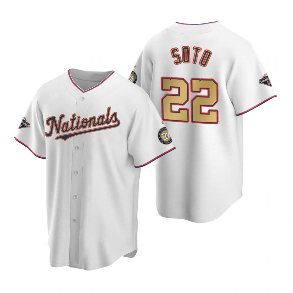 Washington Nationals #22 Juan Soto White Gold HeidiMiller 2019 World Series Champions Stitched Cool Base Jersey