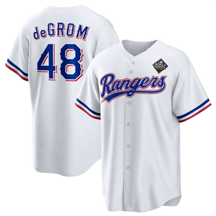 Texas Rangers #48 Jacob DeGrom White HeidiMiller 2023 World Series Cool Base Stitched Jersey