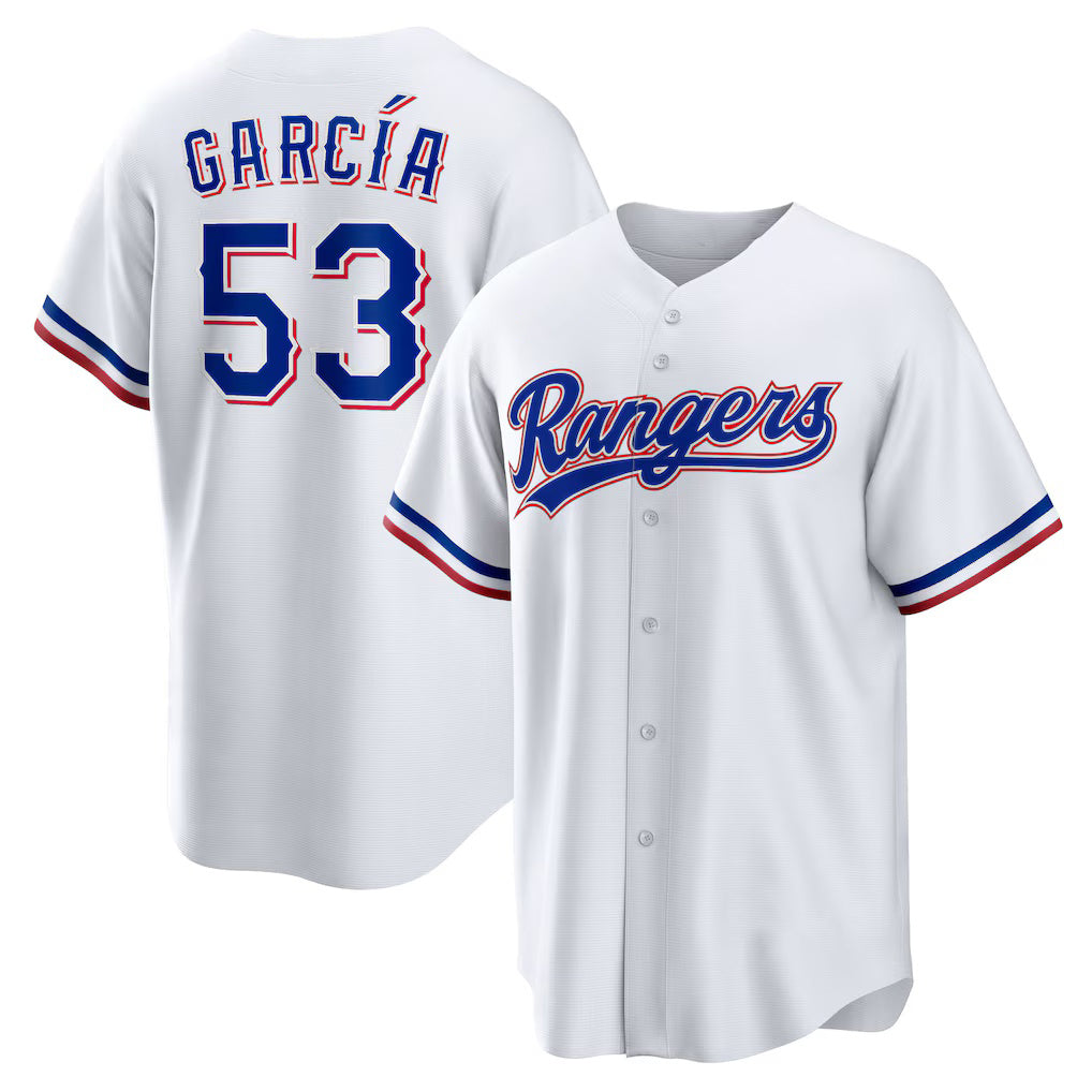 Texas Rangers #53 Adolis Garcia White HeidiMiller Home Replica Jersey