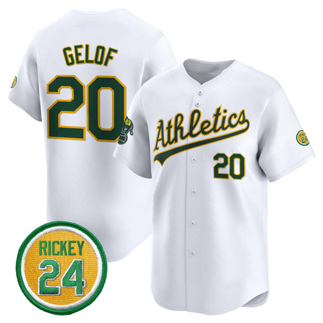 Oakland Athletics #20 Zack Gelof White HeidiMiller 2024 Home Limited With Rickey Henderson Patch Stitched Jersey