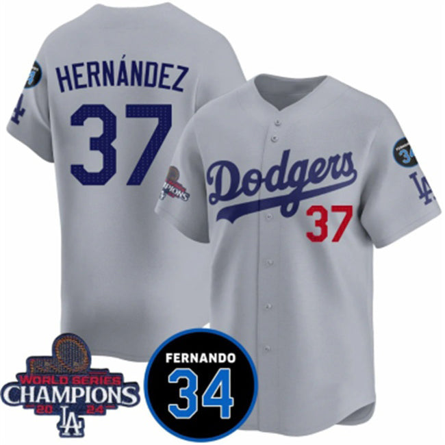 Los Angeles Dodgers #37 Teoscar Hernandez Gray HeidiMiller 2024 World Series Champions With Fernando Memorial Patch Vapor Premier Limited Stitched Jersey