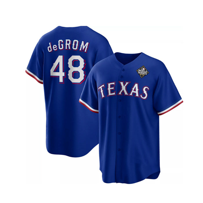 Texas Rangers #48 Jacob DeGrom Royal HeidiMiller 2023 World Series Cool Base Stitched Jersey