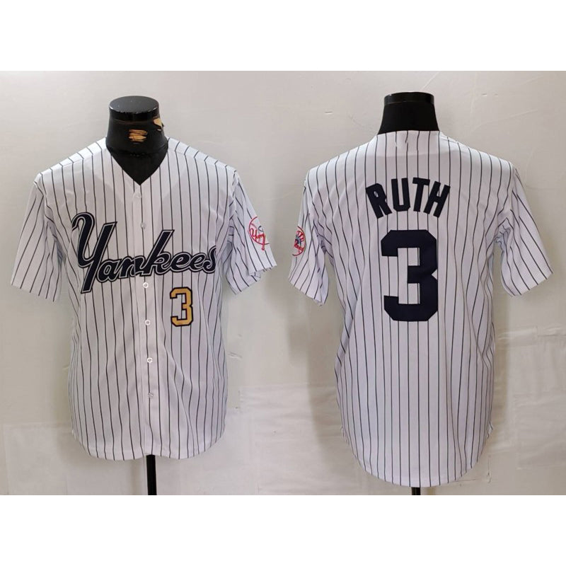 New York Yankees #3 Babe Ruth White HeidiMiller Pinstripe Fashion Cool Base Jerseys 2