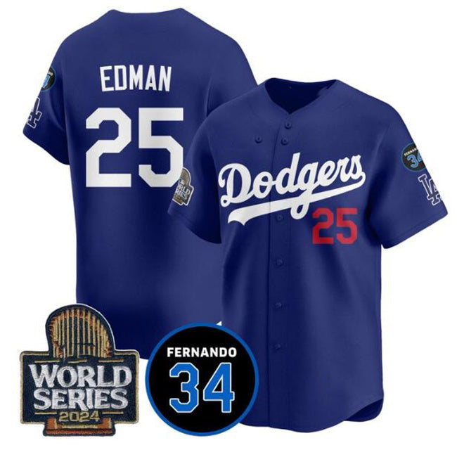 Los Angeles Dodgers #25 Tommy Edman Royal HeidiMiller 2024 World Series With Fernando Memorial Patch Alternate Limited Stitched Jersey