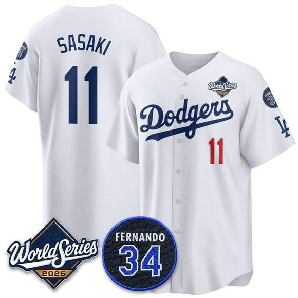 Los Angeles Dodgers #11 R¨­ki Sasaki White HeidiMiller 2025 World Series With No. 34 Patch Limited Stitched Jersey