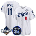 Los Angeles Dodgers #11 R¨­ki Sasaki White HeidiMiller 2025 World Series With No. 34 Patch Limited Stitched Jersey