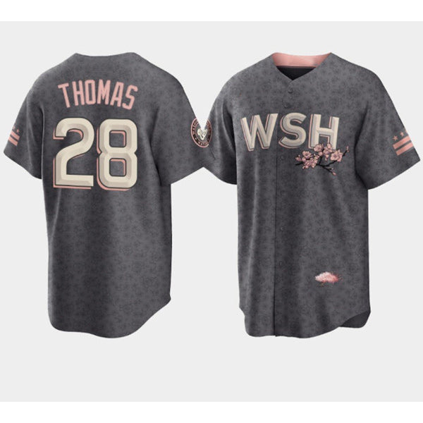 Washington Nationals #28 Lane Thomas 2022 Grey HeidiMiller City Connect Cherry Blossom Cool Base Stitched Jersey