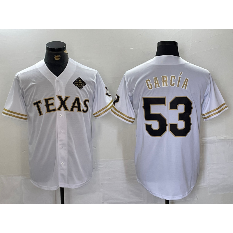 Texas Rangers #53 Adolis Garcia White Gold HeidiMiller Cool Base Stitched Jersey