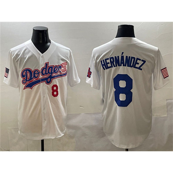 Los Angeles Dodgers #8 Enrique Hern¨¢ndez White HeidiMiller With American Flag Patch Limited Stitched Jersey