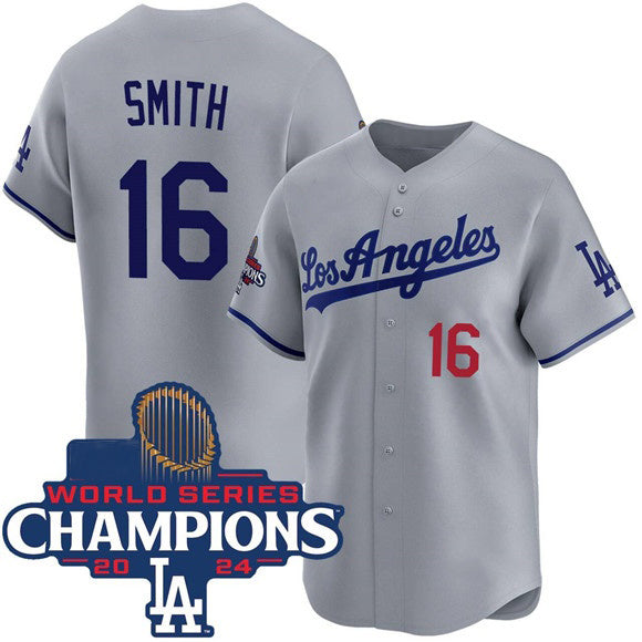 Los Angeles Dodgers #16 Will Smith Gray HeidiMiller 2024 World Series Champions Patch Limited Stitched Jersey