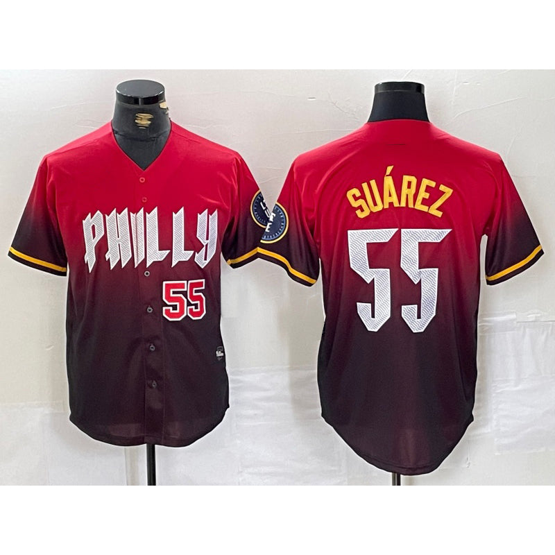 Philadelphia Phillies #55 Ranger Suarez Red HeidiMiller 2024 City Player Number Cool Base Jerseys