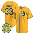 Oakland Athletics #33 JJ Bleday Yellow HeidiMiller 2024 Limited With Rickey Henderson Patch Stitched Jersey