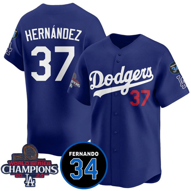 Los Angeles Dodgers #37 Teoscar Hernandez Royal HeidiMiller 2024 World Series Champions With Fernando Memorial Patch Vapor Premier Limited Stitched Jersey