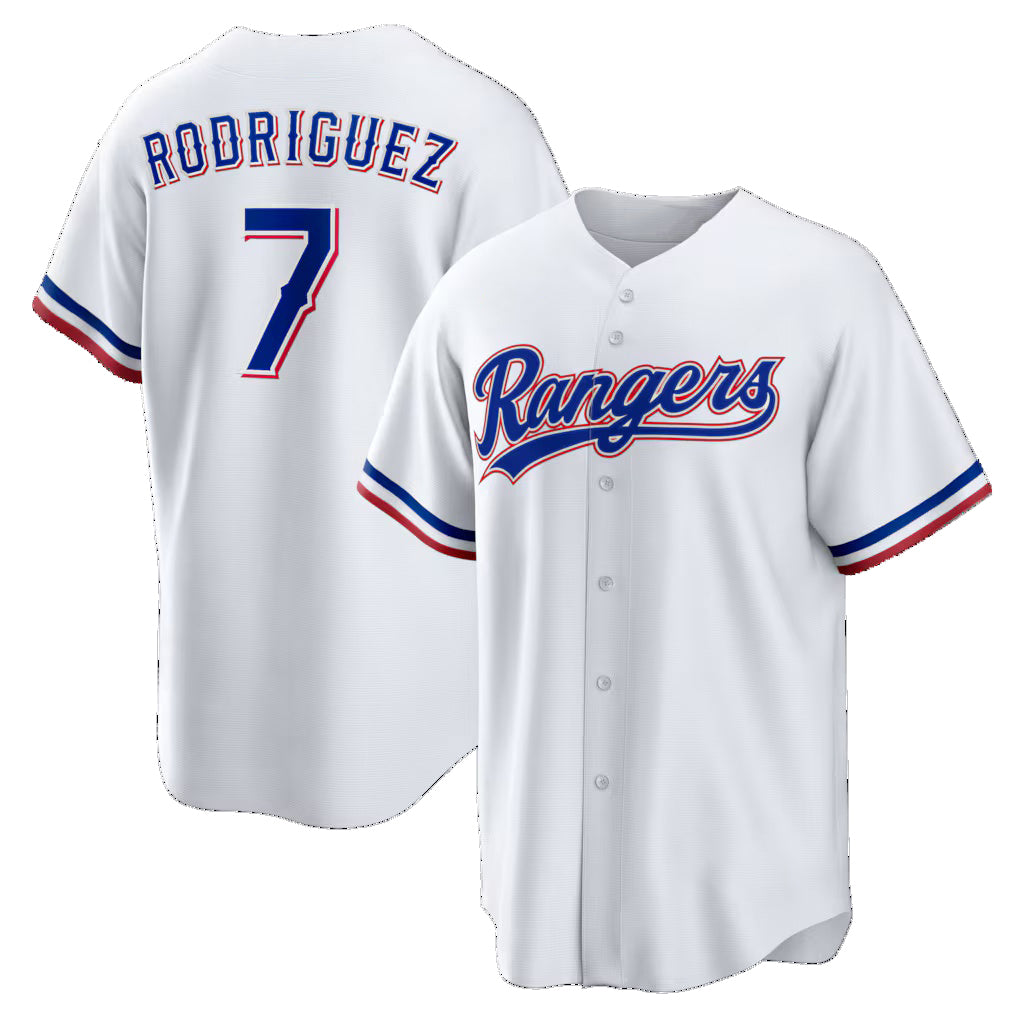 Texas Rangers #7 Ivan Rodriguez White HeidiMiller Home Retired Player Replica Jersey