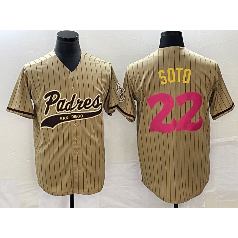 San Diego Padres #22 Juan Soto Tan HeidiMiller Pinstripe 2023 City Connect Cool Base Stitched Jersey