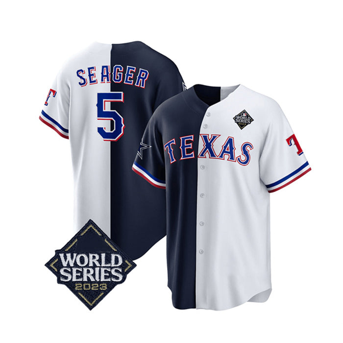 Texas Rangers & Cowboys #5 Corey Seager Navy HeidiMiller White 2023 World Series Splite Stitched Jersey