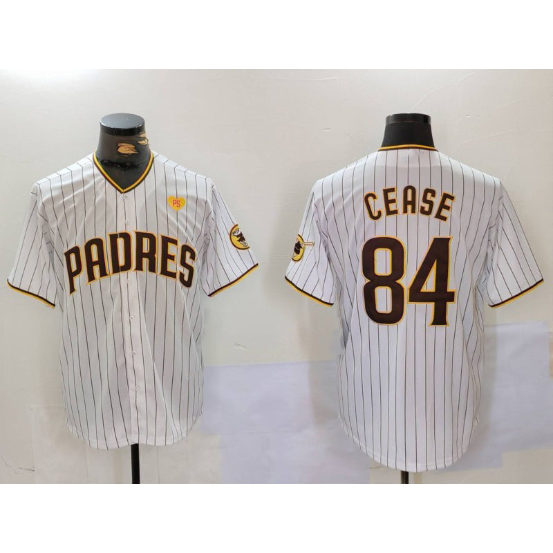 San Diego Padres #84 Dylan Cease White HeidiMiller Team Logo With PS Patch Stitched Cool Base Jersey