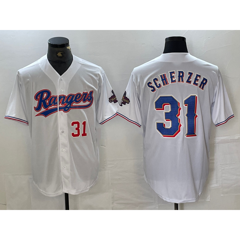 Texas Rangers #31 Max Scherzer Number White HeidiMiller 2023 World Series Champions Cool Base Jersey 2