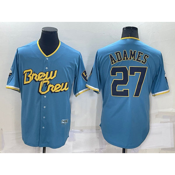 Milwaukee Brewers #27 Willy Adames 2022 Powder Blue HeidiMiller City Connect Cool Base Stitched Jersey