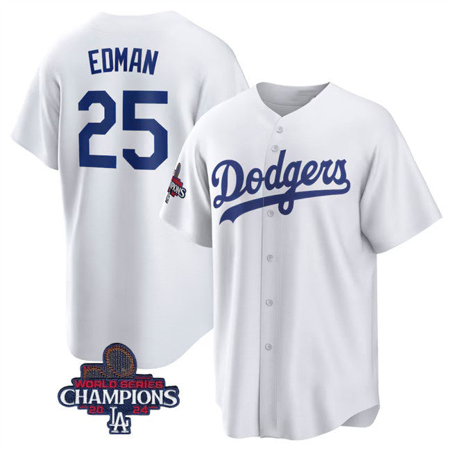 Los Angeles Dodgers #25 Tommy Edman White HeidiMiller 2024 World Series Champions Cool Base Stitched Jersey