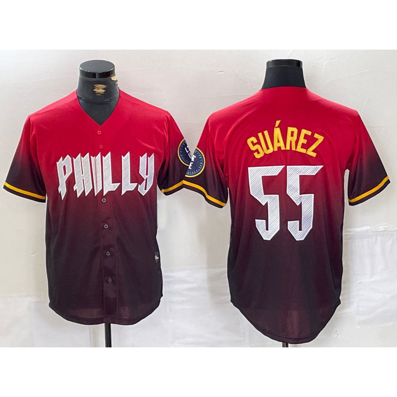 Philadelphia Phillies #55 Ranger Suarez Red HeidiMiller 2024 City Player Number Cool Base Jersey 2