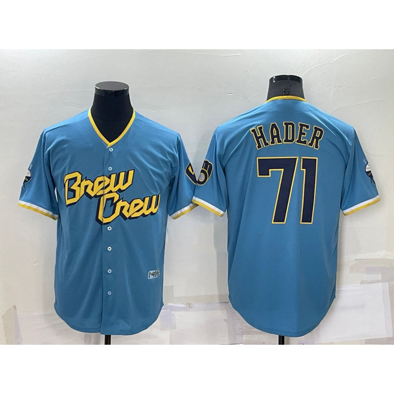 Milwaukee Brewers #71 Josh Hader Blue HeidiMiller 2022 City Connect Cool Base Stitched Jersey