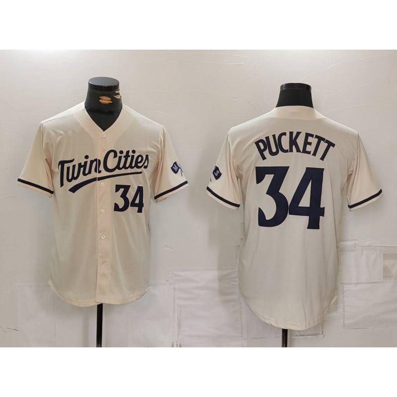 Minnesota Twins #34 Kirby Puckett Number Cream HeidiMiller Cool Base Stitched Jersey
