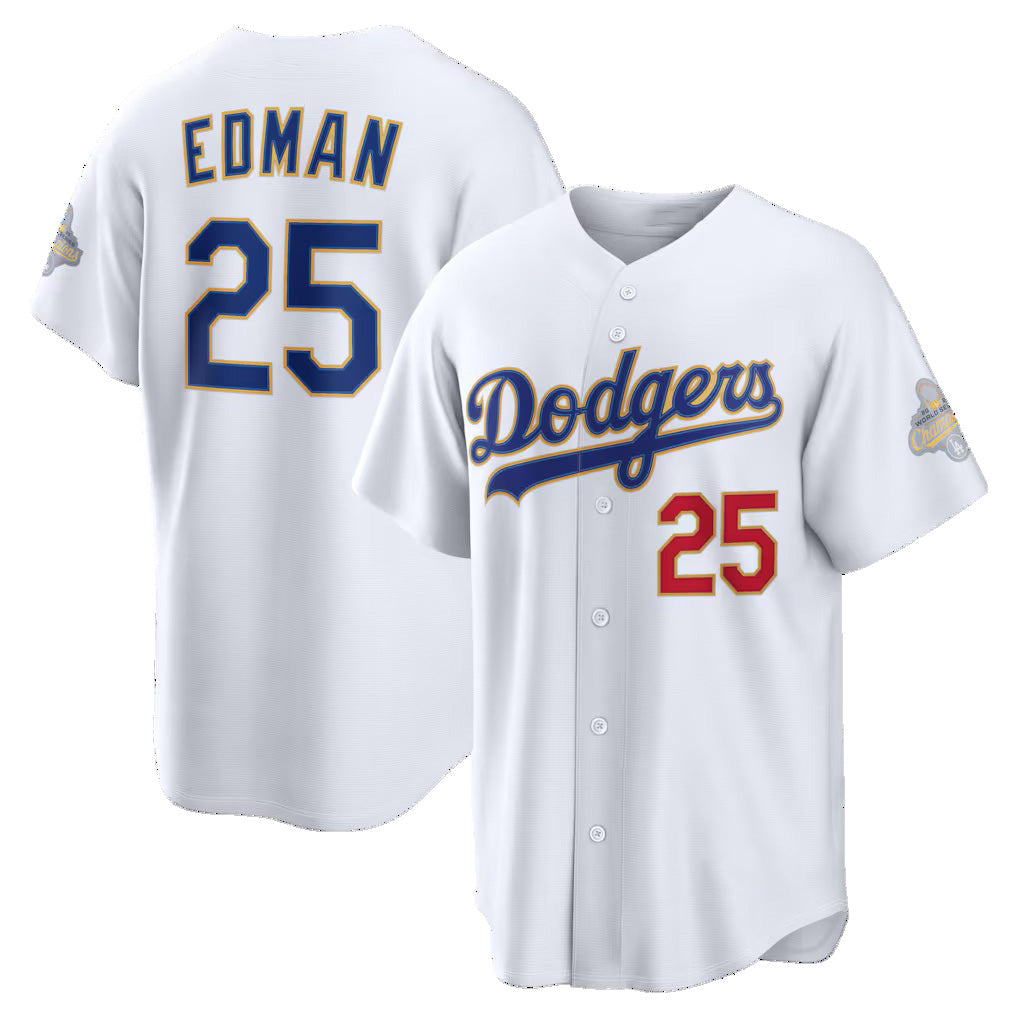 Los Angeles Dodgers #25 Tommy Edman White HeidiMiller 2026 Gold Collection Stadium Jersey